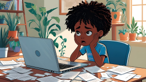 Home 3 A female anime sited IN front of a laptop with unease face