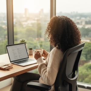 Home 2 A woman sitting in an office chair, working on a laptop with a cup of coffee, looking out a window.
