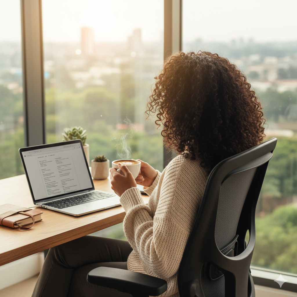 A woman sitting in an office chair, working on a laptop with a cup of coffee, looking out a window.