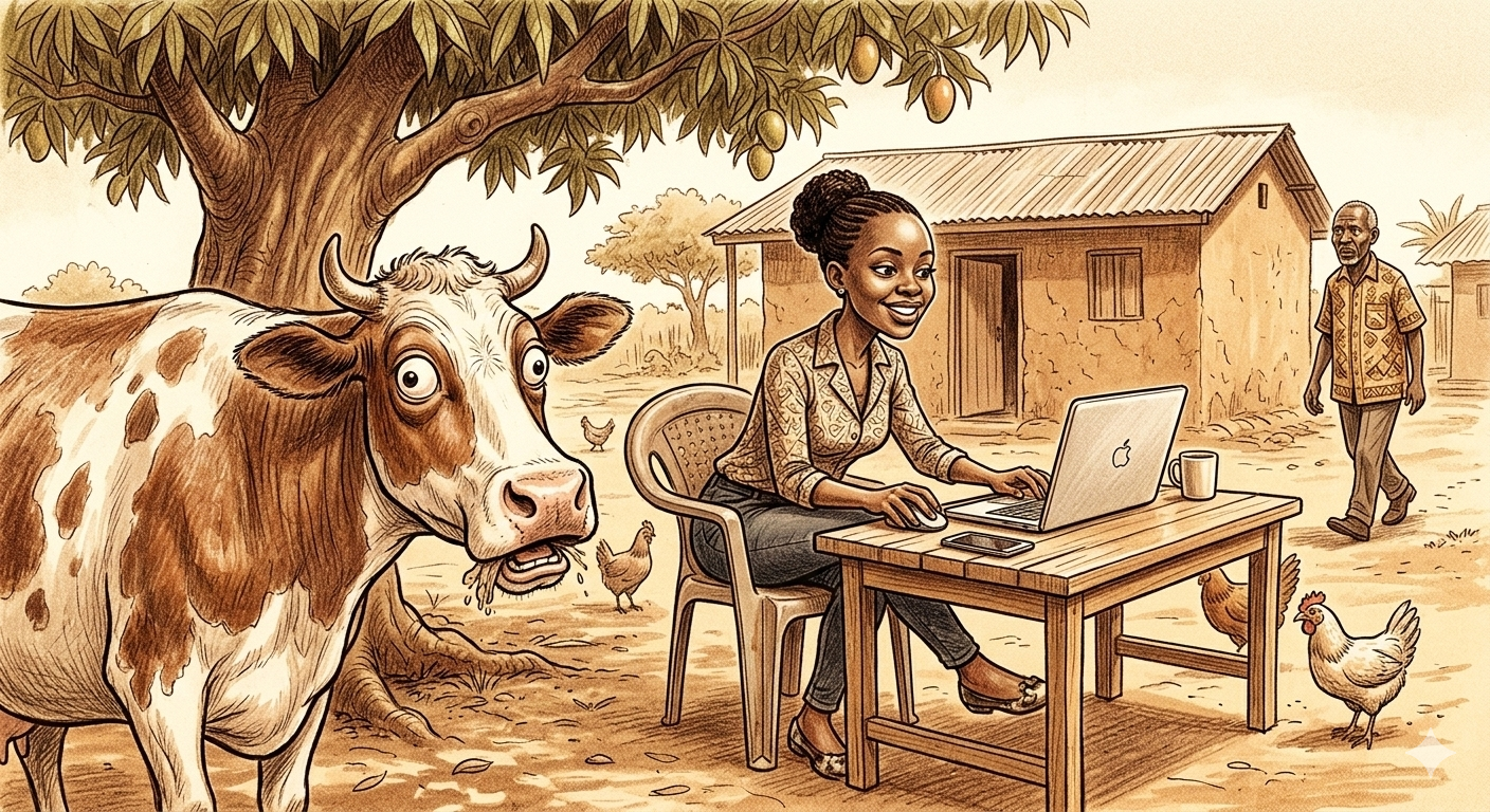 A caricature of a young woman working remotely in a Kenyan village compound while a cow looks on confused