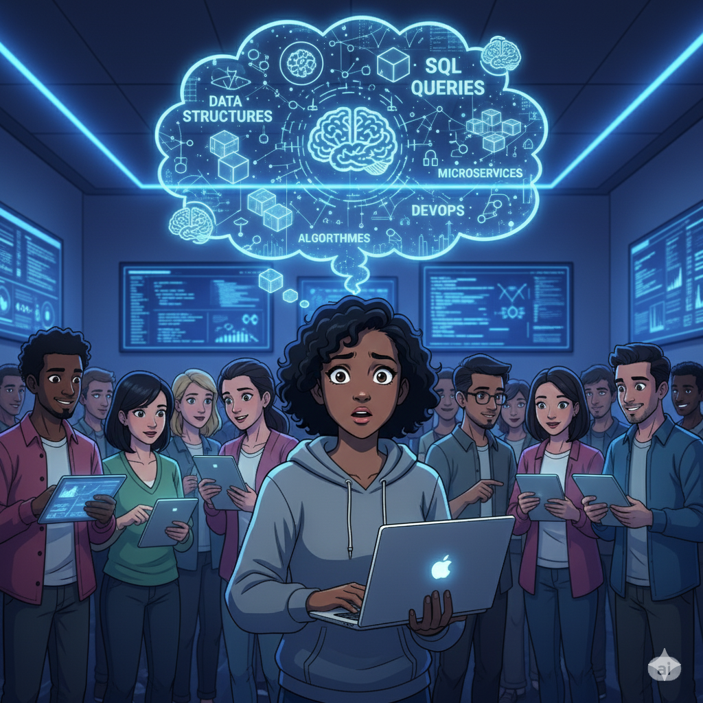 oung woman in tech feeling like an imposter at a networking event.