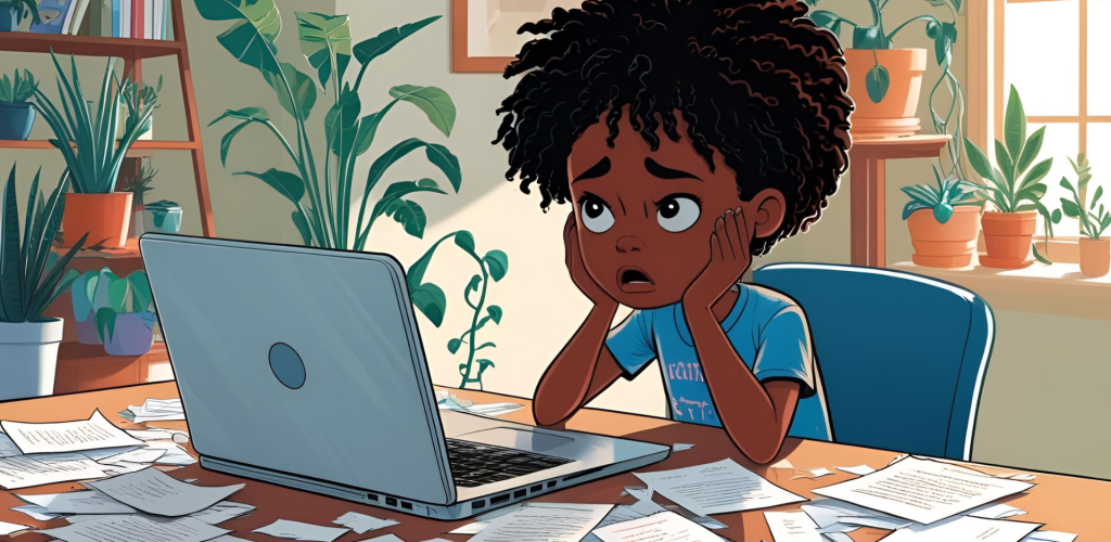 A female anime sited IN front of a laptop with unease face