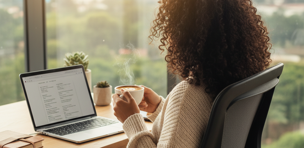 A woman sitting in an office chair, working on a laptop with a cup of coffee, looking out a window.